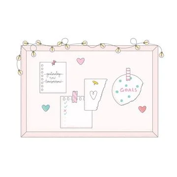 Cork board papers, notes, push pins, lights. Flat vector illustration frame mood Illustrazione stock