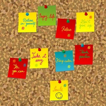 Cork board with positive messages on post-its Stock Illustration