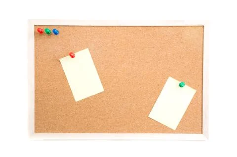 Cork board with post it and push pins and wooden frame on white background wi Stock Photos