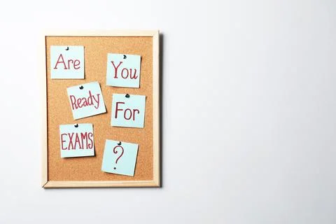 Cork board with question Are You Ready For Exams made of sticky notes on li.. Stock Photos