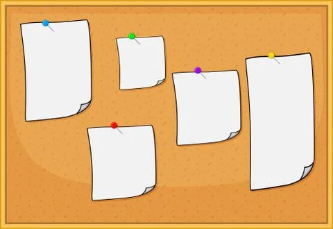 Cork board with sheets of paper for notes. Hand drawn illustration of pin boa Stock Illustration