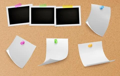 Cork board texture background with pinned papers Stock Illustration
