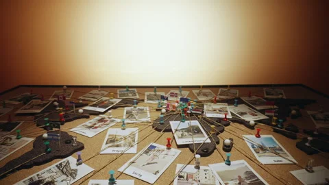 Cork board travel world map, printed photographs young woman travel destinations Stock Footage 263808721