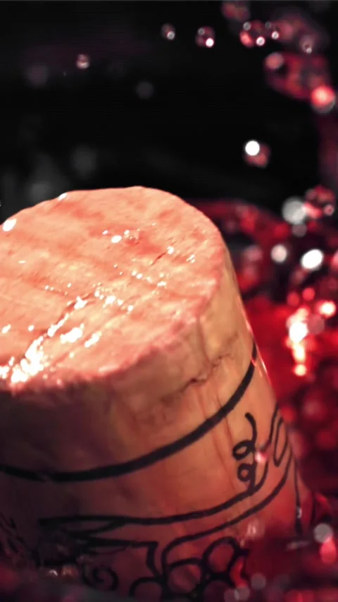 The cork from the bottle falls into the red wine with splashes. Filmed on a high Stock Footage 335322046