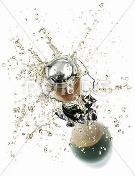 Cork flying out of a sparkling wine bottle Stock Photos