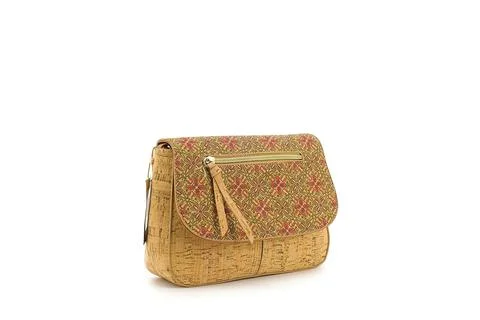 Cork handbag featuring playful patterns and structured build. Stock Photos