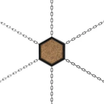 Cork hexagonal signboard with metallic border hanging on chain. Иллюстрация