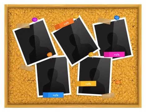 Cork notice board with photo frames, sticky notes, push pins Stock Illustration