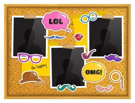 Cork notice board with photo frames, patches or stickers, sticky notes Stock Illustration