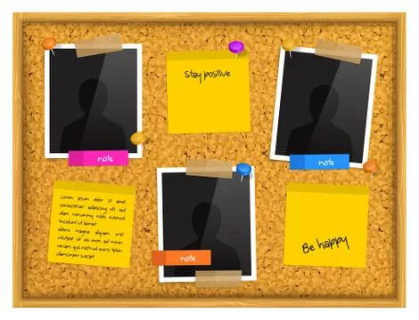 Cork notice board with photo frames, push pins and scotch tape. Vector. Stock Illustration