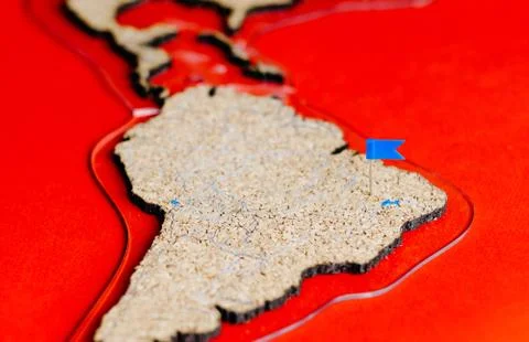 Cork world map showing the Brazil with colored drawing buttons Stock Photos