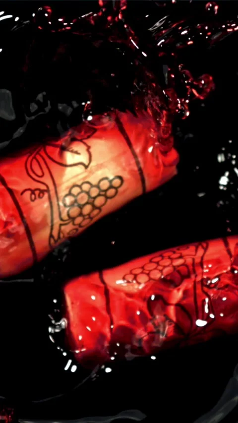 The corks fall into the red wine. Filmed on a high-speed camera at 1000 fps Stock Footage 335319805