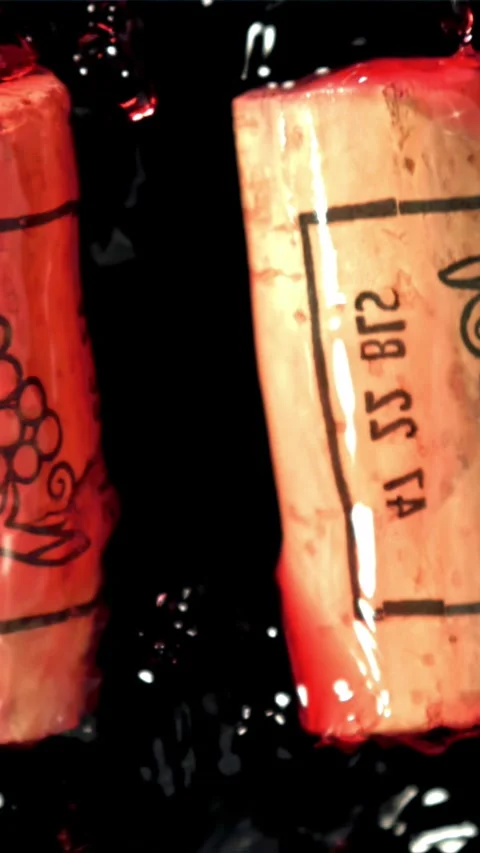 The corks fall into the red wine. Filmed on a high-speed camera at 1000 fps Stock Footage 335320382