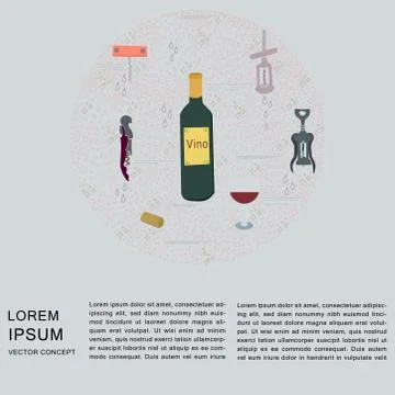 Corkscrew and wine bottles round composition with text Stock Illustration