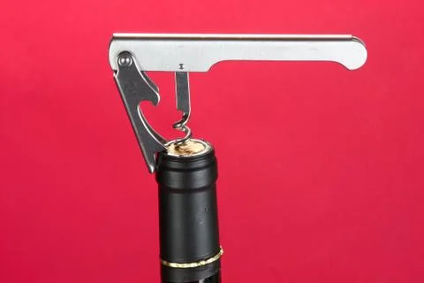 Corkscrew in the cork under red light. Stock Photos