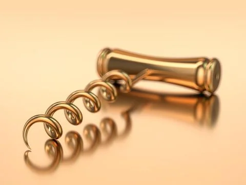 Corkscrew isolated on gold background. 3D Stock Illustration