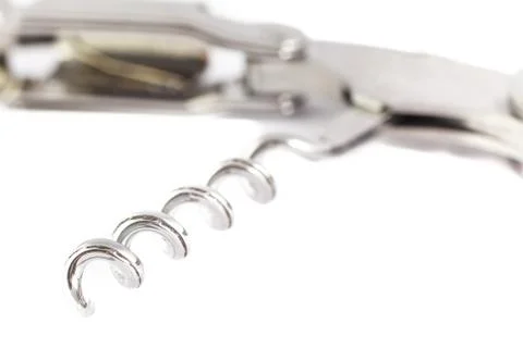 Corkscrew isolated on white with cork attached Foto stock