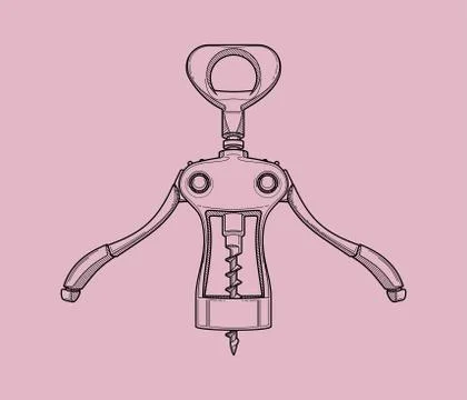 Corkscrew - a linear flat drawing with detailed drawing. open wine - illustra Stock Illustration