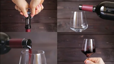 Corkscrew opening bottle of wine, pouring red wine into glass, tasting red wine Stock Footage 98121793