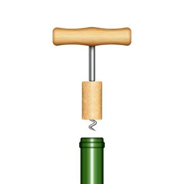 Corkscrew pulls cork out of green wine bottle isolated white background, re.. Stock Illustration