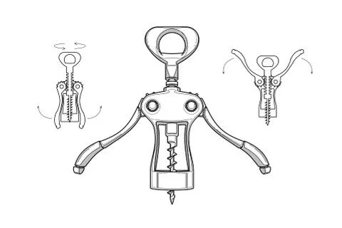 Corkscrew - a scheme for opening a bottle. spinning corkscrew - illustration  Stock Illustration