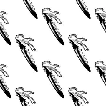 Corkscrew seamless pattern. Engraving style. Sommelier knife backdrop. Stock Illustration