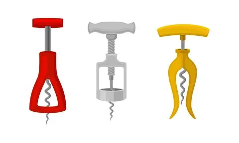 Corkscrew as Tool for Drawing Corks from Wine Bottles Vector Set Illustration