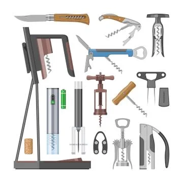 Corkscrew vector bottle-screw open wine drink and vintage penknife tailspin Stock Illustration