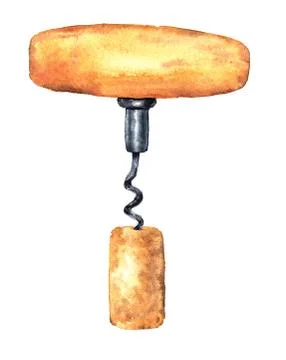 Corkscrew for wine in a cork on a white background isolated. watercolor illus Stock Illustration