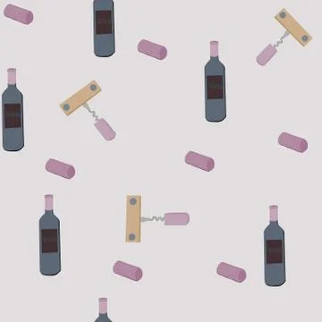 Corkscrews and wine bottles on light blue background seamless pattern Stock Illustration