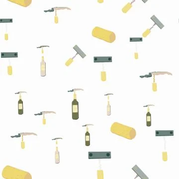 Corkscrews and wine bottles on light background seamless pattern Stock Illustration