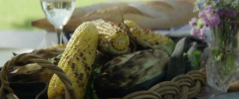 Corn and vegetables in wicker basket Stock Footage 67289496