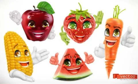 Corn, apple, strawberry, watermelon, carrot. Funny cartoon characters. Kids f Stock Illustration