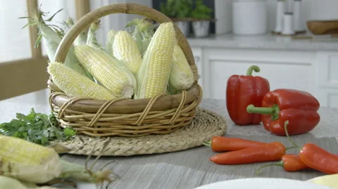 Corn in a basket turned into recipes dolly back Stock Footage 63779502