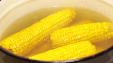 Corn is boiled in a white saucepan Stock Footage 146775762