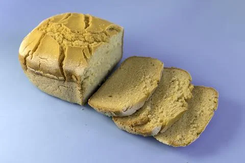 Corn bread. Homemade cornmeal bread on a blue background .Top view Stock Photos