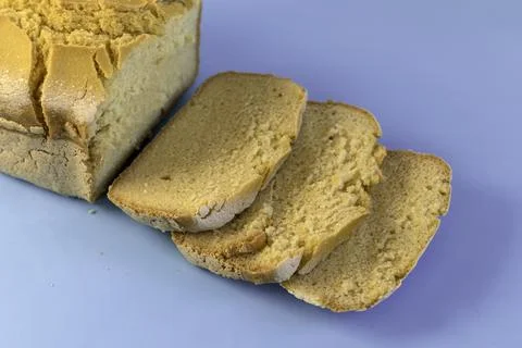 Corn bread. Homemade cornmeal bread on a blue background .Gluten Free.Top vie Stock Photos