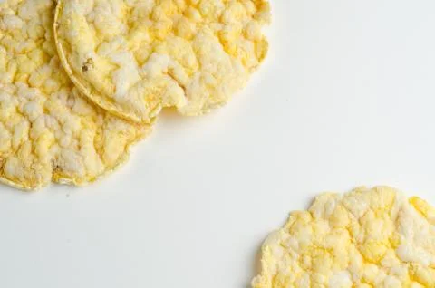 Corn cake, puffed corn on table, breakfast background.. Stock Photos