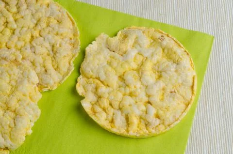Corn cake, puffed corn on table, breakfast background.. Stock Photos