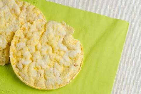 Corn cake, puffed corn on table, breakfast background.. Stock Photos