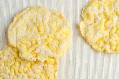 Corn cake, puffed corn on table, breakfast background.. Stock Photos