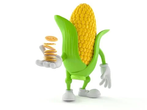 Corn character with stack of coins Stock Illustration