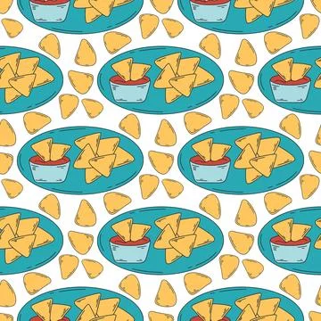 Corn chips with spicy sauce seamless pattern. Latin american food background Illustrazione stock