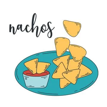Corn chips with spicy sauce vector illustration. Latin American food nachos イラスト素材