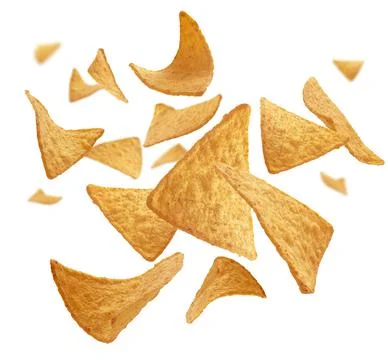 Corn chips of triangular shape levitate on a white background 스톡 사진