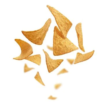 Corn chips of triangular shape levitate on a white background 스톡 사진