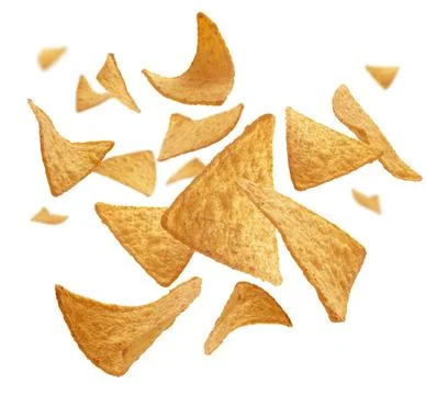 Corn chips of triangular shape levitate on a white background Corn chips o... Stock Photos