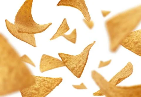 Corn chips of triangular shape levitate on a white background Corn chips o... 스톡 사진