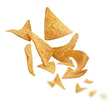 Corn chips of triangular shape levitate on a white background Stock Photos