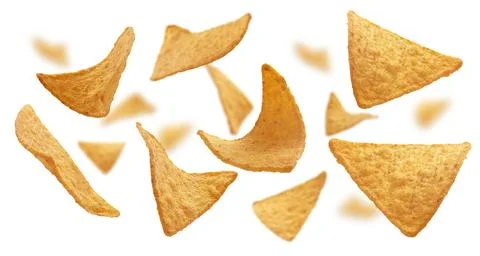 Corn chips of triangular shape levitate on a white background Stock Photos